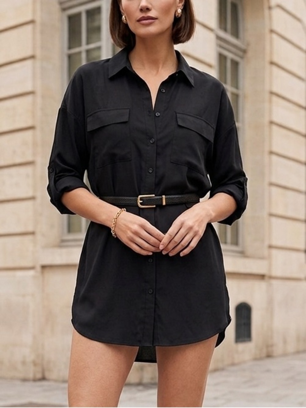 Lulus Black Button Up Tunic Shirt Long Sleeve Roll‎ Tab Pocket JID4042 Size S